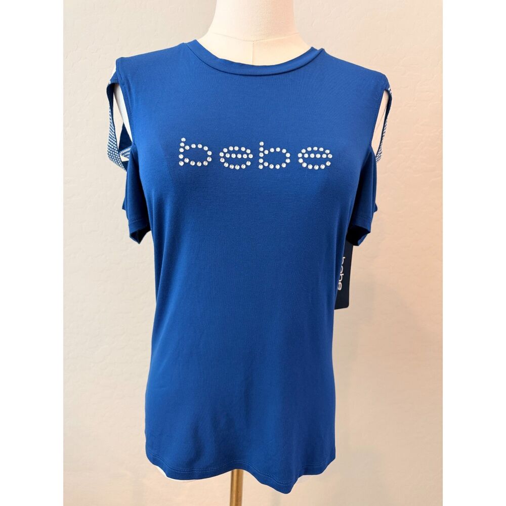 NWT Bebe Blue Cold Shoulder Rhinestone Logo Graphic Tee Shirt Medium